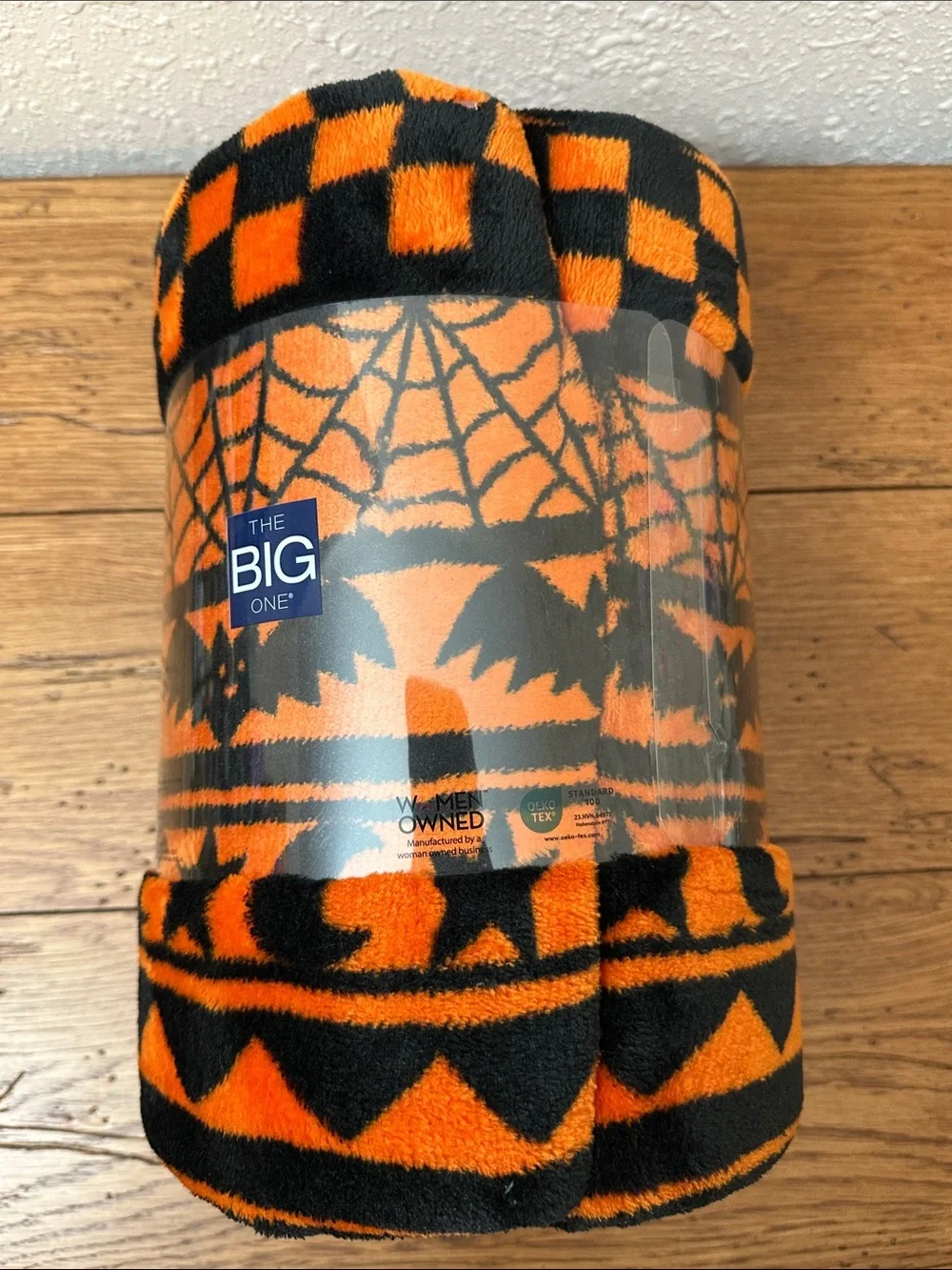 The Big One Orange & Black Checker Plush Throw with bats and cats